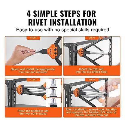 VEVOR Rivet Nut Tool, 16 inch Rivnut Tool Kit with 13PCS Metric and SAE Mandrels, 186PCS Rivet Nuts, Semi-auto Retraction, M3, M4, M5, M6, M8, M10, M12, 1/4-20, 5/16-18, 3/8-16, 1/2-13, 8-32, 10-24 - size: 16"-AUTO, style: RIVET NUT TOOL