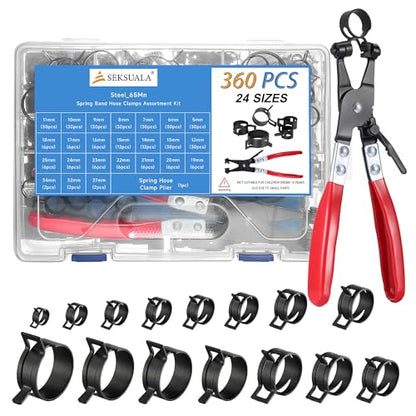 360Pcs Spring Band Hose Clamps Assortment 1/5" to 1-3/8" (5-34mm) with Swivel Flat Plier – Constant Tension Steel Clamps for Fuel, Cooling, Industrial, Agricultural, Vacuum & Silicone Hoses - size: Black-360Pcs-24Size(5-34mm)