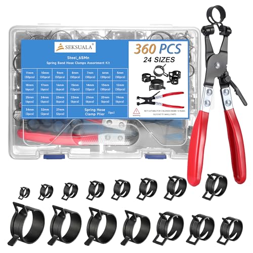 360Pcs Spring Band Hose Clamps Assortment 1/5" to 1-3/8" (5-34mm) with Swivel Flat Plier – Constant Tension Steel Clamps for Fuel, Cooling, Industrial, Agricultural, Vacuum & Silicone Hoses - size: Black-360Pcs-24Size(5-34mm)