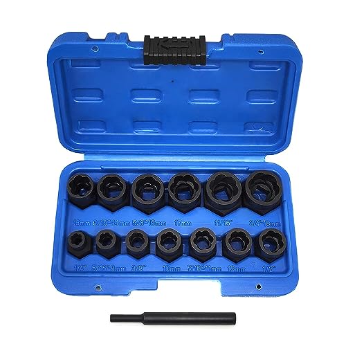 14PCS Twist Lug Nut Socket Set, 3/8" Drive Bolt Nut Extractor Tool | Metric, 6.35mm -19mm Sockets, Center Punch Bar, Damaged Nut Lock Remover, Rusted, Stripped, Screws, Stuck Locking Nut Removal - color: 14pcs Lug Nut Extractor 3/8 Inch Drive