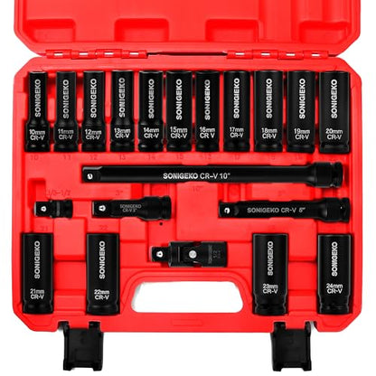Socket Set 1/2" Drive Impact Socket Set,20-Piece 6 Point Deep, Metric CR-V Steel Sockets with Extension Bars, Universal Joint and Adapter(1/2" 20 PCS Metric) - size: 20 PCS, 1/2" Socket Set, Metric
