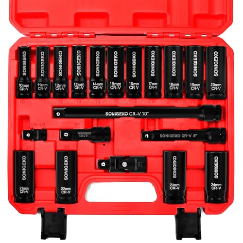 Socket Set 1/2" Drive Impact Socket Set,20-Piece 6 Point Deep, Metric CR-V Steel Sockets with Extension Bars, Universal Joint and Adapter(1/2" 20 PCS Metric) - size: 20 PCS, 1/2" Socket Set, Metric