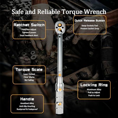 TYD 3/8 Inch Drive Click Torque Wrench Set, 10–60 Nm ±4% Precision | 72-Tooth Reversible Ratchet, Universal Joint, 10" Extension Bar & 2 Magnetic Sockets, Spark Plug Torque Kit for Motorcycle - style: TGZ-60 10-60N.m 3/8"