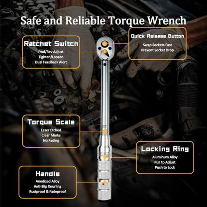 TYD 3/8 Inch Drive Click Torque Wrench Set, 10–60 Nm ±4% Precision | 72-Tooth Reversible Ratchet, Universal Joint, 10" Extension Bar & 2 Magnetic Sockets, Spark Plug Torque Kit for Motorcycle - style: TGZ-60 10-60N.m 3/8"