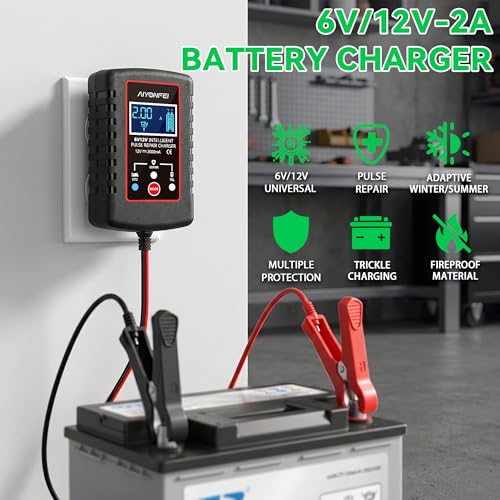 2A Battery Charger 6V/12V Smart Trickle Charger, 1 Black | Battery Maintainer, Lead Acid, Motorcycle, Car, Lawn Mower, Battery Desulfator, Temperature Compensation