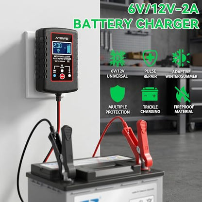 2A Battery Charger 6V/12V Smart Trickle Charger, 1 Black | Battery Maintainer, Lead Acid, Motorcycle, Car, Lawn Mower, Battery Desulfator, Temperature Compensation