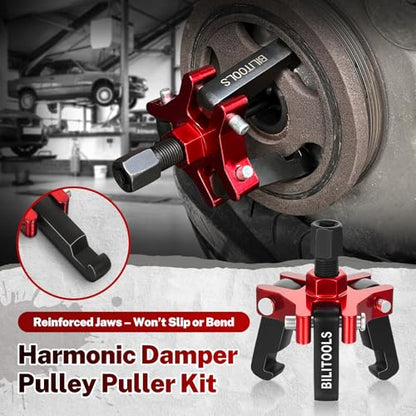 BILITOOLS Adjustable 3-Jaw Harmonic Balancer Puller for Crankshaft Dampers | Heavy-Duty 45# Steel Removal Tool with 4 Forcing Rods and Storage Case for LS, GM, Chevy, Chrysler and Ford Engines - size: Compact