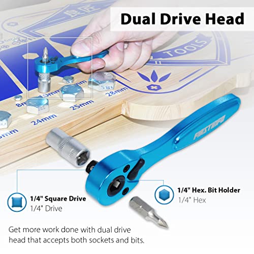 FIRSTINFO Dual-Drive 1/4 Hex Bit & Socket Micro Ratchet Wrench, 72-Tooth | 5° swing arc • Ball-detent retention • Aluminum body • 37.5 ft-lb max torque • Made in Taiwan - style: 1/4" Dual Drive Head