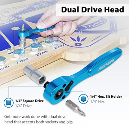 FIRSTINFO Dual-Drive 1/4 Hex Bit & Socket Micro Ratchet Wrench, 72-Tooth | 5° swing arc • Ball-detent retention • Aluminum body • 37.5 ft-lb max torque • Made in Taiwan - style: 1/4" Dual Drive Head