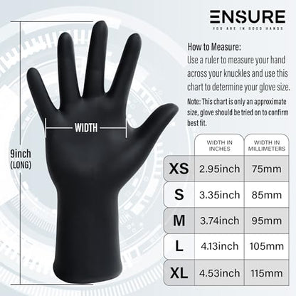 EnSure Black Nitrile Gloves – 7 Mil Heavy-Duty Disposable Gloves, Low Dermatitis, Powder & Latex Free, Puncture & Chemical Resistant for Mechanic, Industrial, Food Service, Medical Use (1000, X-Large) - size: X-Large