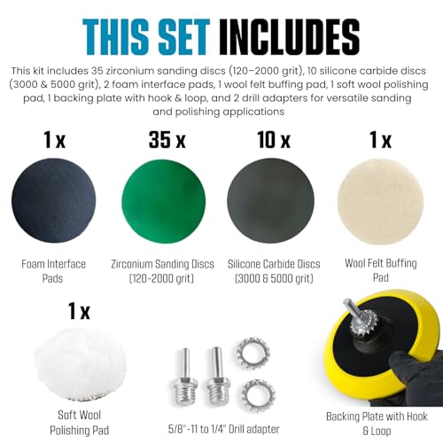 LINE10 Tools Glass Epoxy Resin Plastics Sanding Polishing Kit for Drill or Orbital Sander Polisher or Angle Grinder with Hook and Loop Backing Plate Wool Felt Buffing Pads Green Film Wet Dry Sandpaper