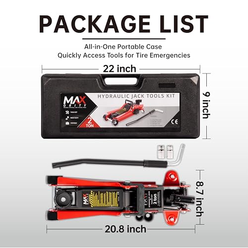 2-Ton (4400 lbs) Hydraulic Low Profile Trolley Garage Service/Floor Jack with Blow Mold Carrying Storage Case and Universal Tire Tool Kit with Lug Wrench for Home and Workshop Vehicle Maintenance