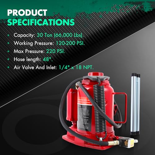 Pneumatic Air Hydraulic Bottle Jack with Manual Hand Pump 30 Ton (66 000 LBS) for Heavy Duty Auto Truck Travel Trailer Repair Lift Red Ideal for Car, Pickup, SUV, Industrial Engineering