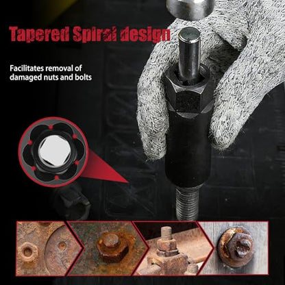 11PCS Bolt Extractor Set, Spiral Deep Well Sockets for Damaged Bolts | Cr-Mo steel, Reverse spiral grip, Deep well design, 3/8" adapter included, fits stripped, Rusted bolts and spark plugs
