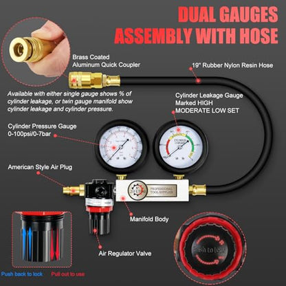 JIFETOR Cylinder Leak Down Tester Kit, Automotive Engine Compression Dual Gauge Leakdown Test Set with 10 12 14 18mm Spark Plugs Universal for Small Engine Motorcycle ATV, Red Case - color: Red Case
