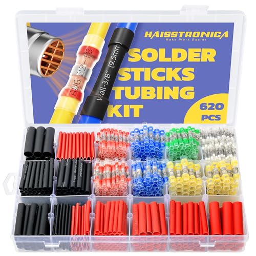 haisstronica 620PCS Solder Seal Wire Connectors with Heat Shrink Tubing Kit - Solder Sticks Wire Terminals Waterproof Electrical Connectors and 3:1 Shrinking Tube for Marine,Automotive,Wiring Projects - size: 620 PCS