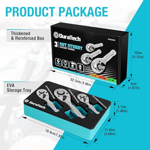 DURATECH 3PCS Stubby Ratchet Wrench Set, 90-Tooth 1/4" 3/8" 1/2" Drive Socket Wrench, Mini Small Ratchet with CR-MO Head, Quick-Release & Reversible Design, Full Polished, EVA Organizer - style: 1/4" & 3/8" & 1/2" Ratchet Set (3-Piece)