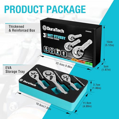 DURATECH 3PCS Stubby Ratchet Wrench Set, 90-Tooth 1/4" 3/8" 1/2" Drive Socket Wrench, Mini Small Ratchet with CR-MO Head, Quick-Release & Reversible Design, Full Polished, EVA Organizer - style: 1/4" & 3/8" & 1/2" Ratchet Set (3-Piece)