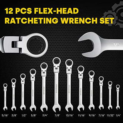 Enventor 12 Pieces SAE 1/4-7/8", 180° Flex Head Ratcheting Wrench Set, CRV Steel, 72-Teeth, 12-Point Combination Ratchet Wrenches Set with Rolling Pouch - size: SAE-12PCS