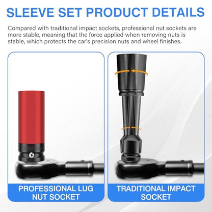 5PCS 1/2" Drive Wheel Protector Impact Socket, Non-Marring Lug Nut Deep Socket Set, CR-MO, 6 Point, Color-Coded Protective Socket, Metric 15 17 19 21 22 mm - size: 1/2" Protective Cover Sockets 5pcs