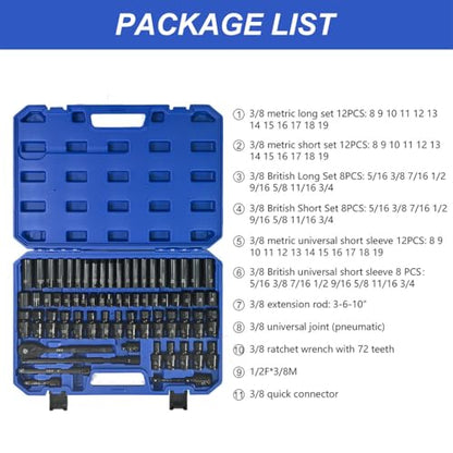 67-Piece Air Tool and Accessories Kit, Professional Pneumatic Socket Set with Long & Short Metric & SAE Sockets, Universal Joints, Extension Rods, Ratchet Wrench, Quick Connectors & Storage Case