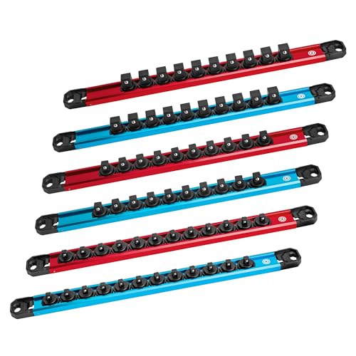 DURATECH Magnetic Socket Organizer Set, 1/4”, 3/8”, 1/2” Aluminum Alloy Socket Rail with 64 Clips, Socket Holder for Tool Box Drawer, Tool Cart and Garage Organization(6PCS) - size: 6PCS