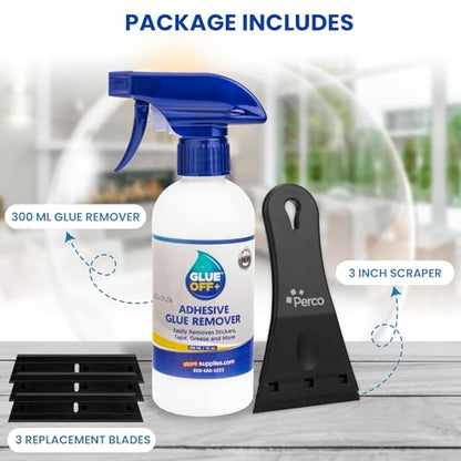 Perco Glue Off Adhesive Remover - 10 fl. oz with Scraper & Plastic Razor | Glue Remover Spray Effortlessly Erase Adhesive Hassles & Car Stickers - for Label Sticker Residue - size: 10 Fl Oz (Pack of 1)