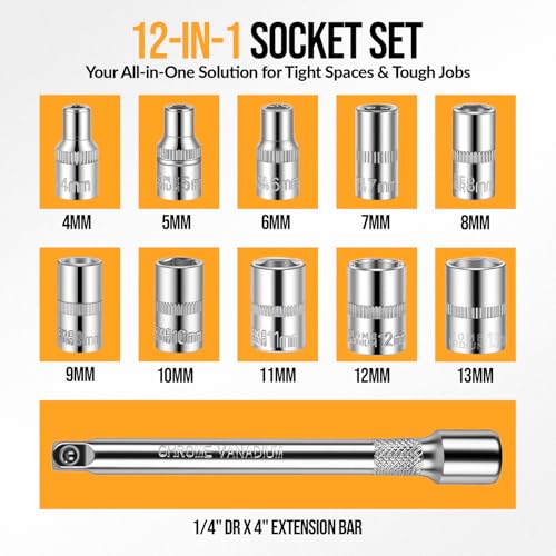 12PCS 1/4 Inch Drive Socket Set, Premium Mini Ratchet Socket Wrench Set, Small Metric Ratchet Socket Wrenches Set, with 1/4 Ratchet Extension Bar for Car, Automotive, Household Repair