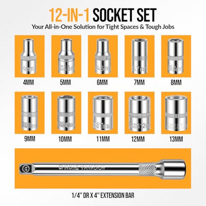 12PCS 1/4 Inch Drive Socket Set, Premium Mini Ratchet Socket Wrench Set, Small Metric Ratchet Socket Wrenches Set, with 1/4 Ratchet Extension Bar for Car, Automotive, Household Repair
