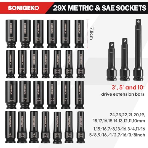 29-Piece 1/2" Drive Impact Socket Set, 6-Point Deep Standard SAE & Metric (3/8"-1", 10mm-24mm),CR-V Steel Sockets with 3", 5", 10" Extension Bars and Storage Case - size: 29 PCS, 1/2" Socket Set, Metric & SAE