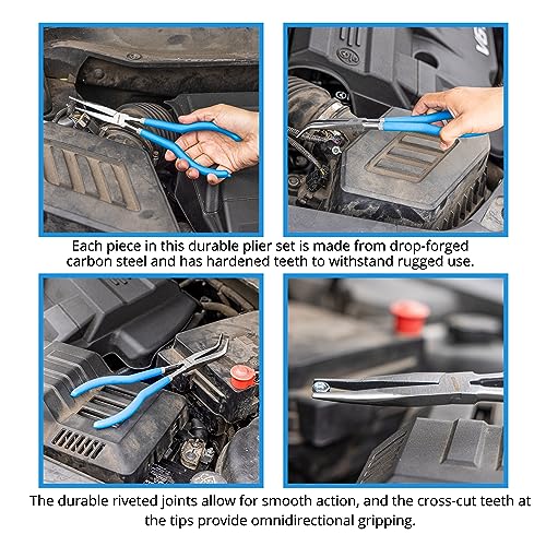 NEIKO 02105A (4) Long Nose Plier 11” Long Reach, Straight, Angle, Curved Pliers, 45 & 90 Degree, bent Head Needle Nose Pliers Set for Mechanics, Long Handle Pliers - style: Long Nose Pliers