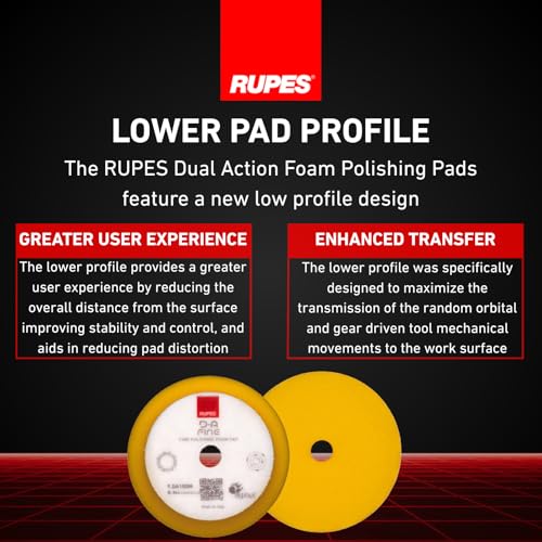 RUPES 9.DA100M Pack of 12 Yellow D-A Fine Finishing Foam Pads 100mm | Ideal for Paint Correction | Moderate to Fine Defect Removal | Compatible with 4" Backing Plate - size: Fine 100mm, style: Pack of 12