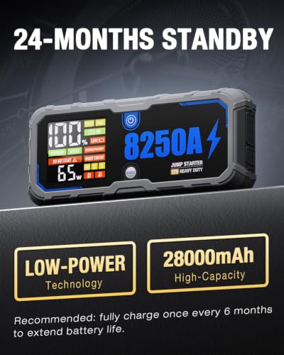 Portable 8250A Car Battery Jump Starter with PD-65W (for All Gas or 10.0+L Diesel), 12V Potable Car Jump Start with 4.01 inch HD Screen, 2 USB Power Bank 24-Months Stand-by Time - size: 8250A+65W