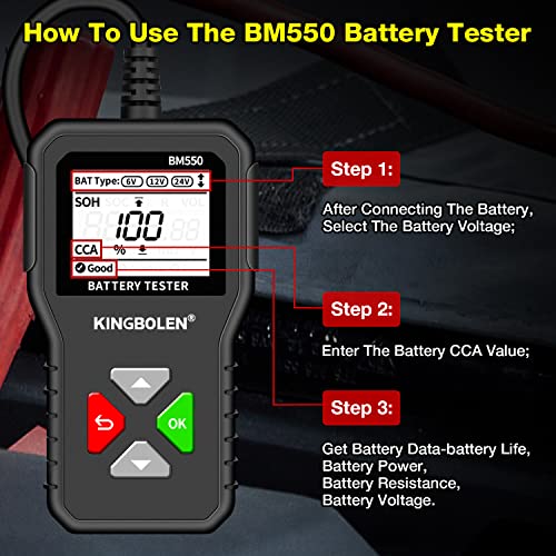 KINGBOLEN BM550 6V 12V 24V Car Battery Tester, 100-2000 CCA Voltage Tester 2Ah-220Ah Internal Resistance Tester Accurate Digital Auto Battery Analyzer for Cars Trucks SUV ATV Boats Motorcycles Vehicle | 100-2000 CCA BM550 Battery Tester, Accurate Digital