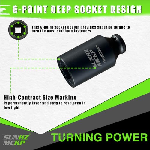 SUNHZ MCKP 32 mm Impact Socket | Metric 1/2 In Drive Axle Nut Socket | 6 Point Design | Deep Well Hub | Chrome Molybdenum Steel | Axle Shaft Nut Remover - color: Metric, size: 32 mm