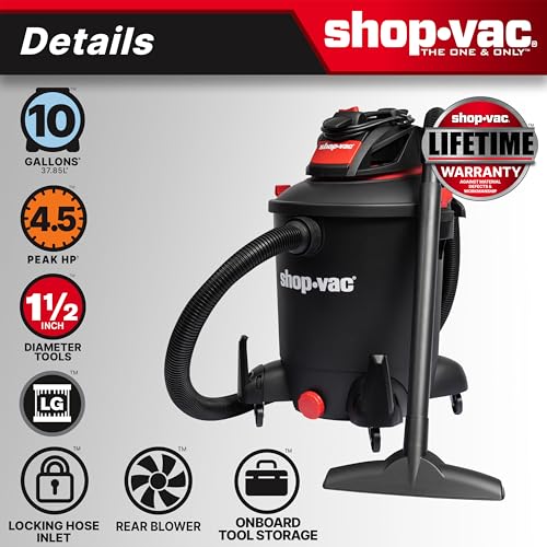 Shop-Vac 5761011 10 Gallon 4.5 Peak HP Wet/Dry Vacuum with Blower Function | 1.5" x 7-ft Hose, 12-ft Cord, Rear Blower Port, Ideal for Garage, Workshop, Home, Vehicle Cleaning