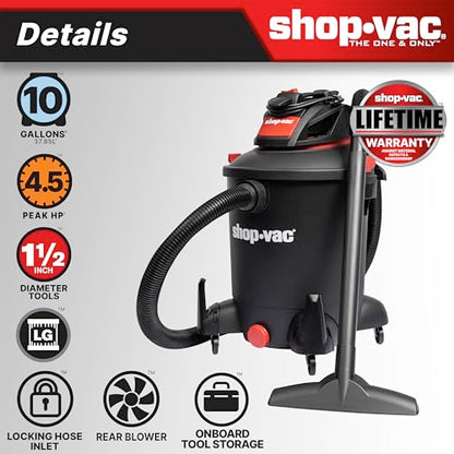 Shop-Vac 5761011 10 Gallon 4.5 Peak HP Wet/Dry Vacuum with Blower Function | 1.5" x 7-ft Hose, 12-ft Cord, Rear Blower Port, Ideal for Garage, Workshop, Home, Vehicle Cleaning