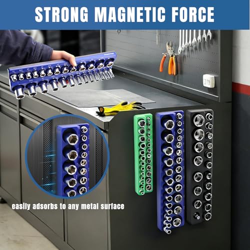 Magnetic Socket Organizer, 143-Socket Holder Tray Set| Strong Base | 3-Color Coded Tool Box Drawer Storage for 1/4", 3/8", 1/2" Drive (Metric/SAE), Non-Scratch Rubber Coated(Socket not Include)