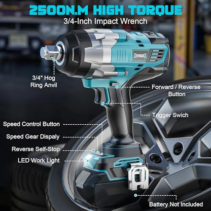 DIYtoolifz 3/4" Cordless Impact Wrench Compatible with Makita 18V Battery: 1850FT-LBS(2500N.m) High Torque Impact Driver, Auto-Stop Reverse, 4-Speed Heavy Duty Impact for Car/Truck/Mower(Bare Tool) - size: 3/4 inch, style: Compatible with Makita 18V Batte