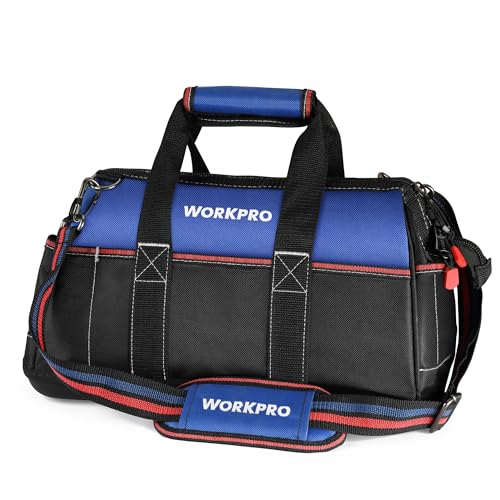 WORKPRO 16-inch Wide Mouth Tool Bag with Water Proof Molded Base | Multi-Pocket, Heavy Duty Cloth, Adjustable Shoulder Strap, Double-pull Zipper, For Workshops, Outdoor Projects - color: Blue &Red