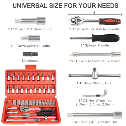 Beaiguna 46PCS Small Drive Socket Ratchet Wrench Screwdriver Set, 1/4 Inch Metric Socket and Ratchet Wrench Set with Extension Bar, Upgrade Compact Tool Set for Car