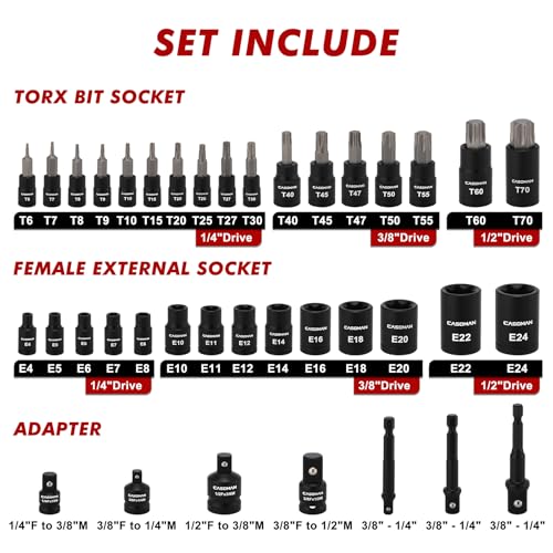CASOMAN 71-Piece Master Hex & Torx Bit Socket Set, 1/4" & 3/8" & 1/2" Drive, Metric/SAE Hex Bit Sockets, Star Bit Sockets (T6 - T70), E-Torx Sockets (E4 - E24), with Storage Case - size: 66-Piece Torx & Hex Bit Socket Set