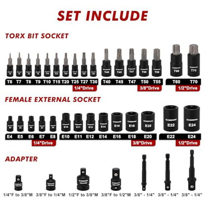 CASOMAN 71-Piece Master Hex & Torx Bit Socket Set, 1/4" & 3/8" & 1/2" Drive, Metric/SAE Hex Bit Sockets, Star Bit Sockets (T6 - T70), E-Torx Sockets (E4 - E24), with Storage Case - size: 66-Piece Torx & Hex Bit Socket Set