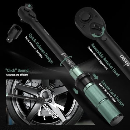 DISEN 9PCS Click Torque Wrench Set 1/4" 3/8" 1/2" Drive 20-220 In.lb, 5-45 Ft.lb, 10-170 Ft.lb with 6 Adapters, ±3% Accuracy, 72-Tooth, Dual Scale, Storage Case for Bike, Motorcycle, Car, Truck Repair - size: 9 PCS Set (Normal torque)