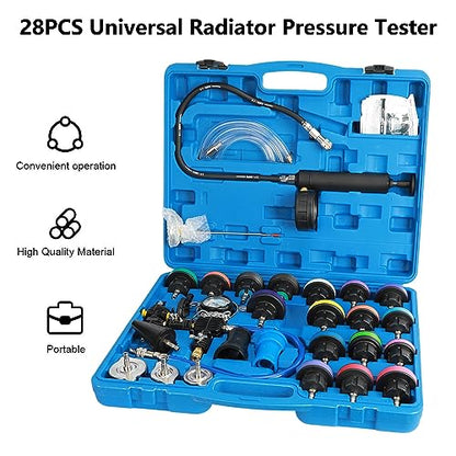 28 Pcs Universal Radiator Pressure Tester, Vacuum Type Cooling System Tool Kit w/Carrying Case, Coolant Pressure Tester Kit, Coolant Vacuum Refill Kit for Cooling System Blue