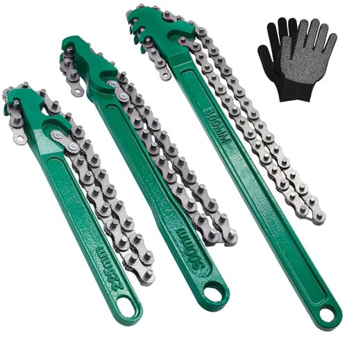 3 Pcs Heavy Duty Chain Wrench, Reversible Chain Oil Filter Wrench with 9 Inch 12 Inch 16 Inch, Adjustable Carbon Steel Sturdy Pliers Fits 1.5 Inch to 8 Inch Diameter for Pipe Car Repair - size: 9+12+16