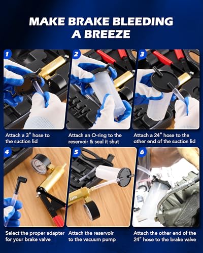 OMT 2 in 1 Brake Caliper Compression Tool & Radiator Fluid Bleeder Kit | Handheld Vacuum Pump Brake Bleeder Tool Set, Disc Brake Pad Service Tool with Thrust Bolt Retaining Plates & 18 Adapters - color: Black