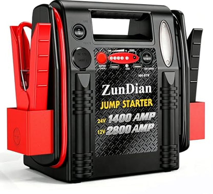 12V/24V Jump Starter - ZunDian 2800/1400 Amp Heavy Duty Battery Booster Pack, Portable Emergency Power for Cars, Trucks, SUVs, Tractors, Jump Box with USB/DC Power Unit