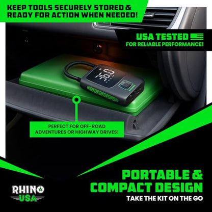 Rhino USA Tire Emergency Kit - Portable 150 PSI Air Compressor & 86-Piece Heavy Duty Repair Plug Kit, Essential Roadside Fix & Inflator for Car, Truck, ATV, RV