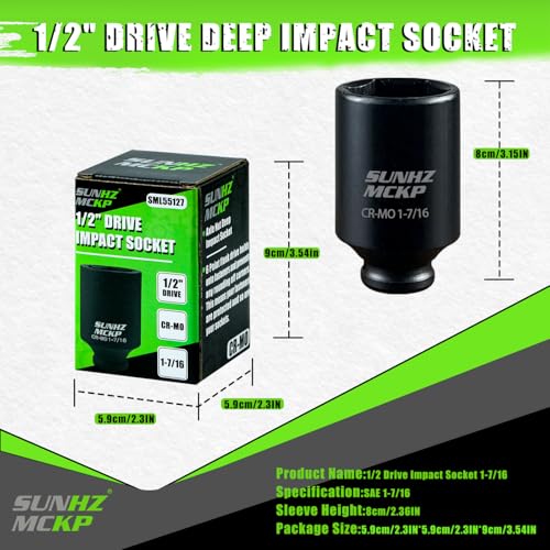 SUNHZMCKP 1/2 Impact Socket, SAE 1-7/16 In Deep 6 Point Socket, CR-MO, Axle Nut Impact Grade Socket for Easy Removal (SAE 1-7/16) - color: Sae, size: 1-7/16 inch